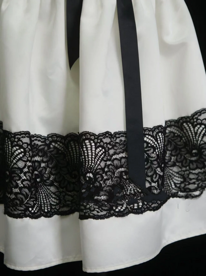Cute Ball Gown Strapless White Satin With Black Lace Short 18th Birthday Dress Homecoming Dresses Cocktail Gown OB016