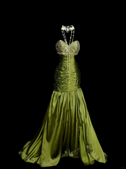 Classy Mermaid Sweetheart Olive Green Taffeta With Beadings Long Prom Dresses Trendy Party Dress For Women OB020
