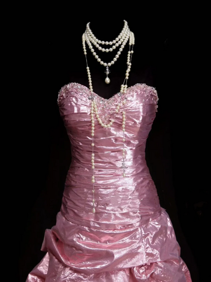 Classy Ball Gown Sweetheart Pink Organza With Beadings Layered Long Prom Dresses Trendy Party Dress For Women OB022