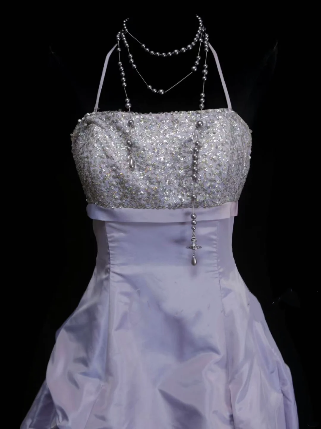 Classy Ball Gown Halter Lilac Silver Sequins Tops Organza With Beadings Layered Long Prom Dresses Trendy Party Dress For Women OB023