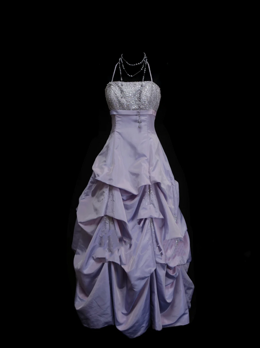 Classy Ball Gown Halter Lilac Silver Sequins Tops Organza With Beadings Layered Long Prom Dresses Trendy Party Dress For Women OB023