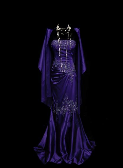 Classy Mermaid Strapless Grape Purple Satin With Appliques Beadings Long Prom Dresses Trendy Party Dress For Women OB026