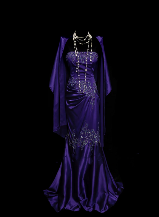 Classy Mermaid Strapless Grape Purple Satin With Appliques Beadings Long Prom Dresses Trendy Party Dress For Women OB026