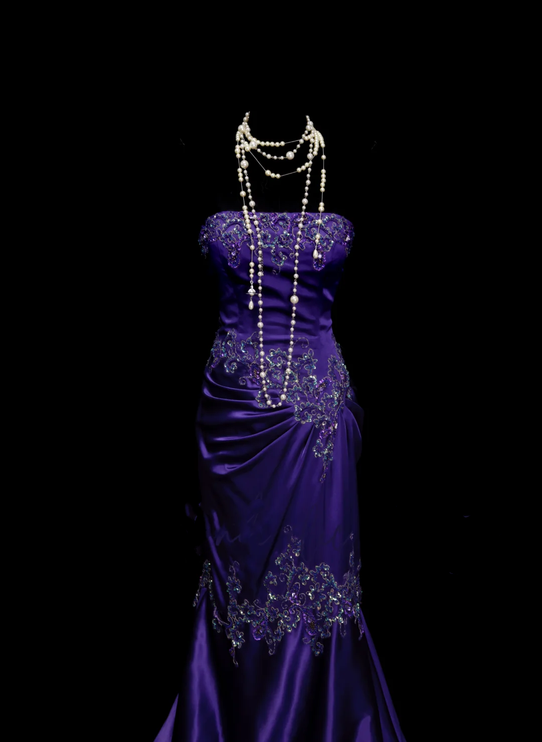 Classy Mermaid Strapless Grape Purple Satin With Appliques Beadings Long Prom Dresses Trendy Party Dress For Women OB026