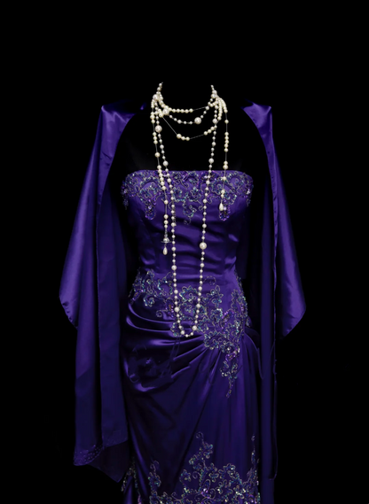 Classy Mermaid Strapless Grape Purple Satin With Appliques Beadings Long Prom Dresses Trendy Party Dress For Women OB026