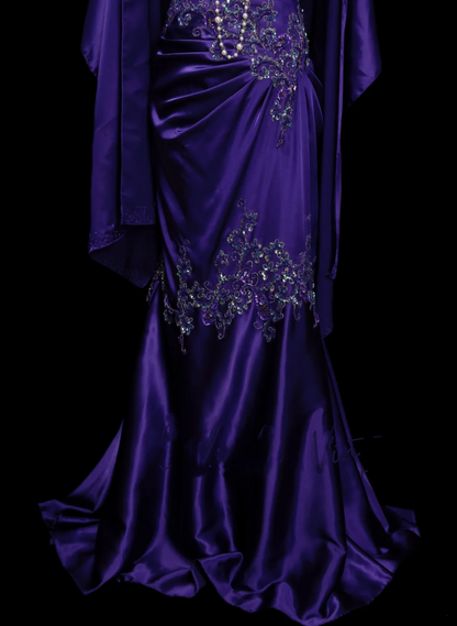 Classy Mermaid Strapless Grape Purple Satin With Appliques Beadings Long Prom Dresses Trendy Party Dress For Women OB026