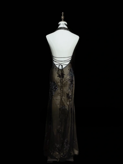Classy Formal Mermaid Halter Black Tulle With Beads Style Impress Long Prom Dresses Party Gowns OB028