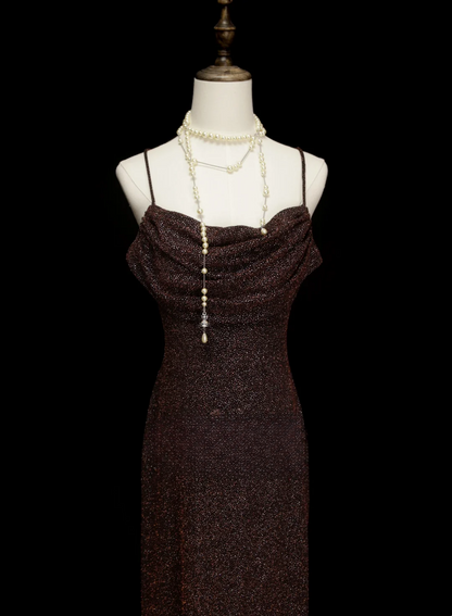 Chic Formal A Line Spaghetti Strap Brown Sequin Style Impress Long Prom Dresses Party Gowns OB031