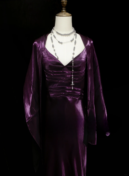 Chic Formal Mermaid Spaghetti Strap Purple Satin With Cape Style Impress Long Prom Dresses Party Gowns OB032