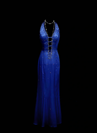 Fancy Mermaid Halter Royal Blue Satin Long Prom Dresses Formal Gowns Inspo Evening Outfit OB039