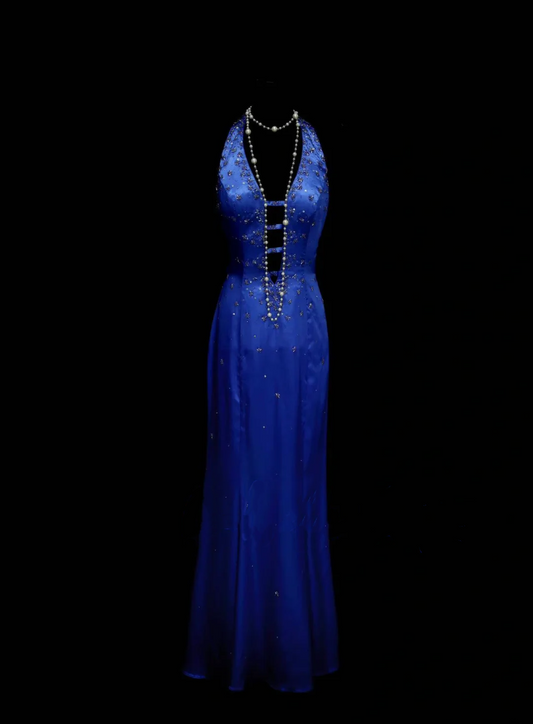 Fancy Mermaid Halter Royal Blue Satin Long Prom Dresses Formal Gowns Inspo Evening Outfit OB039