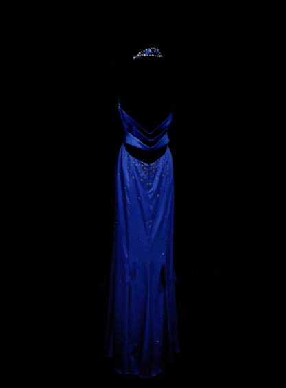 Fancy Mermaid Halter Royal Blue Satin Long Prom Dresses Formal Gowns Inspo Evening Outfit OB039