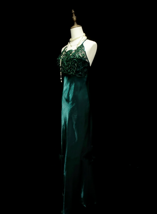 Vintage Mermaid Halter Dark Green Long 70s Prom Dresses Formal Gowns Inspo Evening Outfit OB039