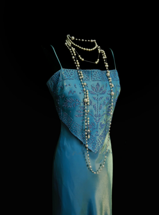 Vintage Mermaid 2 Piece Blue Spaghetti Strap Long 70s Prom Dresses Formal Gowns Inspo Evening Outfit OB040