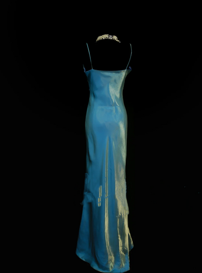 Vintage Mermaid 2 Piece Blue Spaghetti Strap Long 70s Prom Dresses Formal Gowns Inspo Evening Outfit OB040