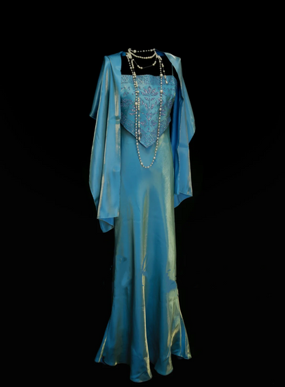 Vintage Mermaid 2 Piece Blue Spaghetti Strap Long 70s Prom Dresses Formal Gowns Inspo Evening Outfit OB040