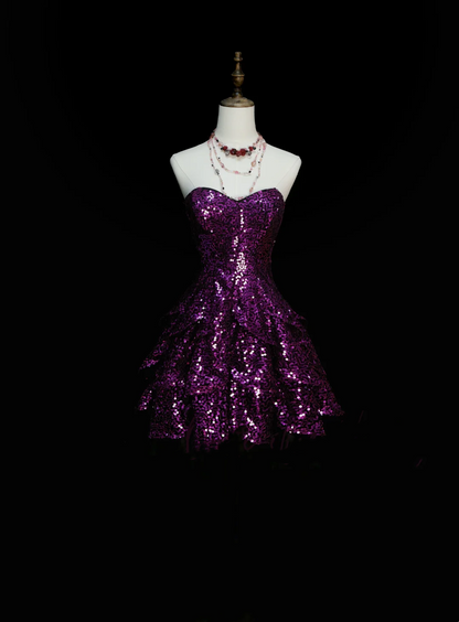 Sparkly Ball Gown Sweetheart Grape Sequin Short 16th Birthday Dress Middle School Homecoming Dresses Cocktail Gown OB041