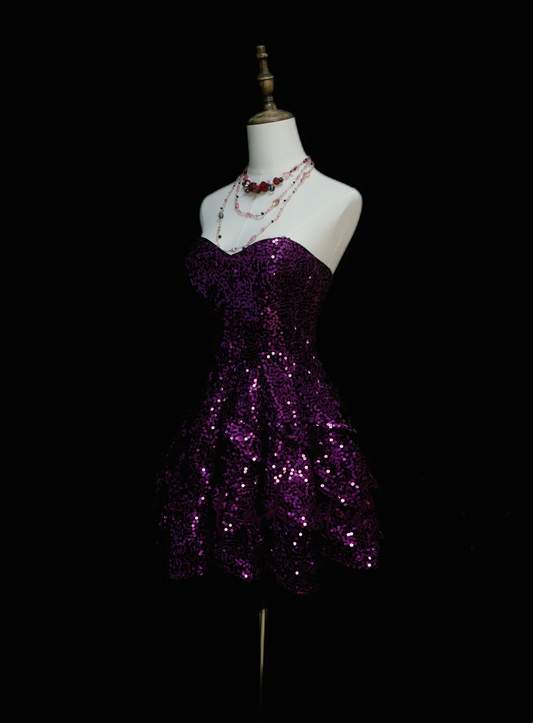 Sparkly Ball Gown Sweetheart Grape Sequin Short 16th Birthday Dress Middle School Homecoming Dresses Cocktail Gown OB041