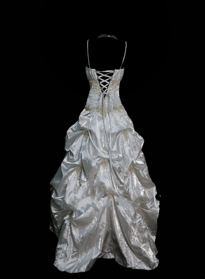 Chic Ball Gown Spaghetti Straps Silver Pleated With Beaded Bodice Long Prom Dresses Party Dress 18th Birthday Outfits Graduation Dress OB043
