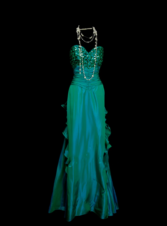 Chic A line Sweetheart Green Satin Pleated With Sequined Bodice Long Prom Dresses Party Dress 18th Birthday Outfits Graduation Dress OB045