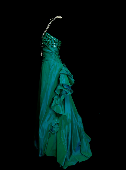 Chic A line Sweetheart Green Satin Pleated With Sequined Bodice Long Prom Dresses Party Dress 18th Birthday Outfits Graduation Dress OB045