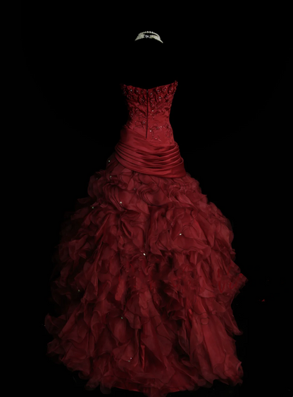 Ball Gown Strapless Burgundy Sleeveless With Applique Women's Dress Satin Long Quinceanera Dresses Sweet 16 Birthday Quince Dress Outfits OB047