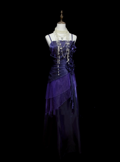 Chic A line Spaghetti Straps Grape With Flowers Long Prom Dresses Party Dress 19th Birthday Outfits Graduation Dress OB048