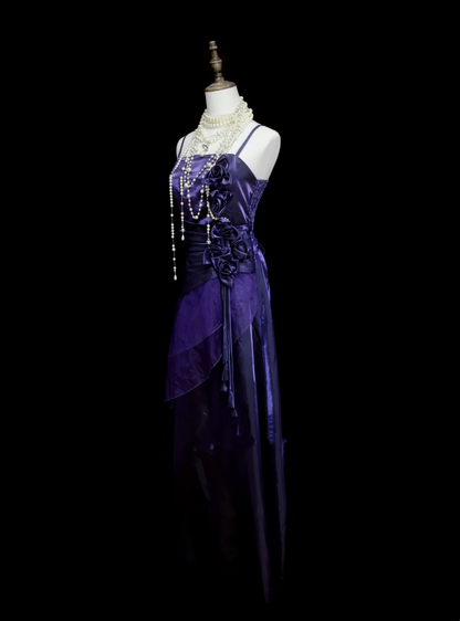 Chic A line Spaghetti Straps Grape With Flowers Long Prom Dresses Party Dress 19th Birthday Outfits Graduation Dress OB048