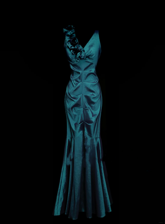 Stunning Mermaid V Neck Blue Satin Pleated Long Prom Dresses Evening Outfits Formal Dress OB050