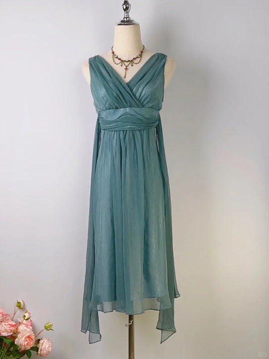 Vintage A line V Neck Blue With Ruffles Chiffon Tea Length Prom Dresses Formal Outfits RB3904