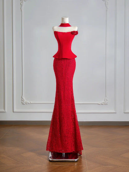 Flattering Mermaid Strapless Red Satin Lace Prom Dresses Long Evening Formal Birthday Party Gowns N387