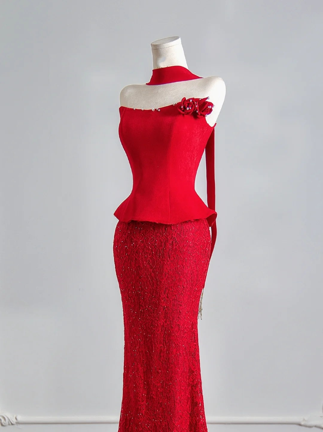Flattering Mermaid Strapless Red Satin Lace Prom Dresses Long Evening Formal Birthday Party Gowns N387