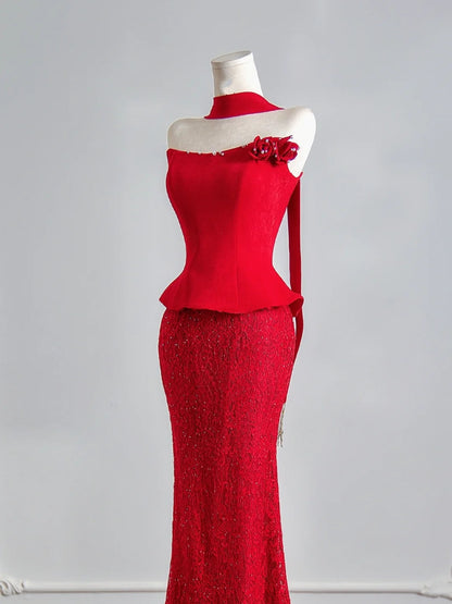 Flattering Mermaid Strapless Red Satin Lace Prom Dresses Long Evening Formal Birthday Party Gowns N387