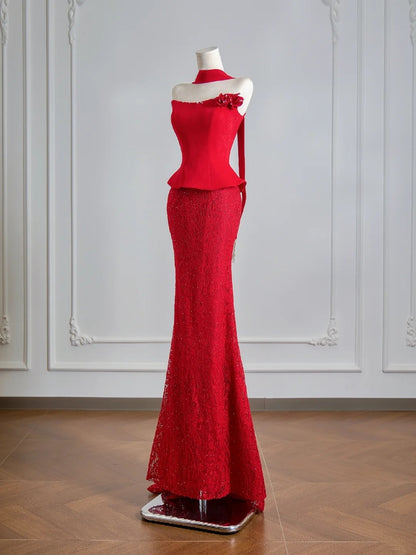 Flattering Mermaid Strapless Red Satin Lace Prom Dresses Long Evening Formal Birthday Party Gowns N387