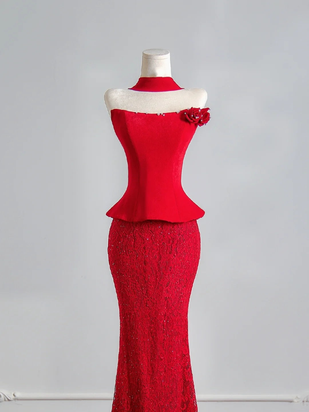 Flattering Mermaid Strapless Red Satin Lace Prom Dresses Long Evening Formal Birthday Party Gowns N387