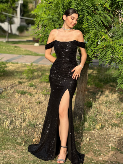 Shinning Mermaid Off The Shoulder Black Sequins Prom Dresses Long 18th Birthday Outfit Senior High School Dance Party Dress RB1238