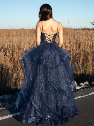 Chic Ball Gown Spaghetti Straps Navy Blue Tulle Long Prom Dresses Inspiration Party Dress Prom Gowns RB1295