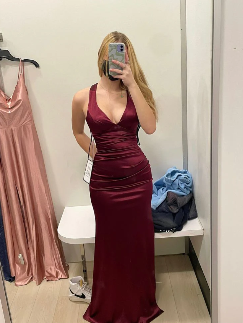 Chic Mermaid V Neck Burgundy Satin Prom Dresses Formal Dress 18th Birthday Outfits Prom Gown RA072