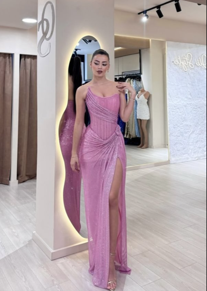 Long Classy Prom Gown Mermaid Strapless Pink Sequins Long Prom Dress Inspiration Party Senior Dance Slit Prom Dresses RB1144