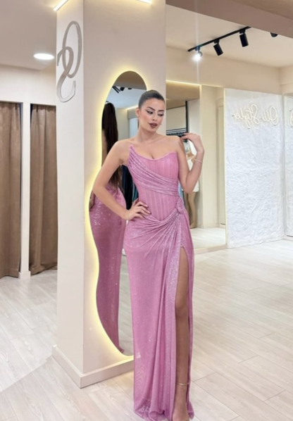 Long Classy Prom Gown Mermaid Strapless Pink Sequins Long Prom Dress Inspiration Party Senior Dance Slit Prom Dresses RB1144