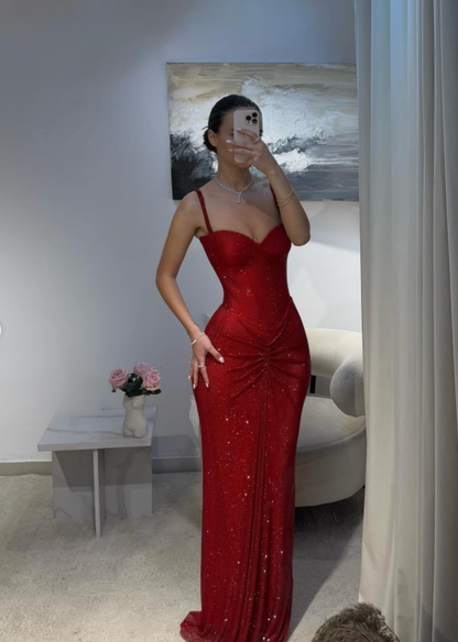 Classy Mermaid Spaghetti Straps Red Sequin Long Prom Dresses Inspo Glitter Prom Gown RB1474