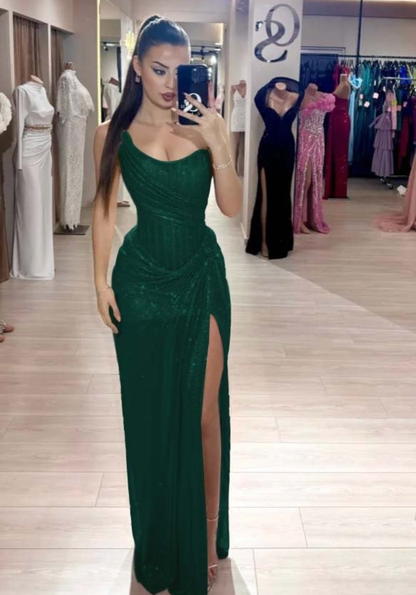 Long Classy Prom Gown Mermaid Strapless Pink Sequins Long Prom Dress Inspiration Party Senior Dance Slit Prom Dresses RB1144