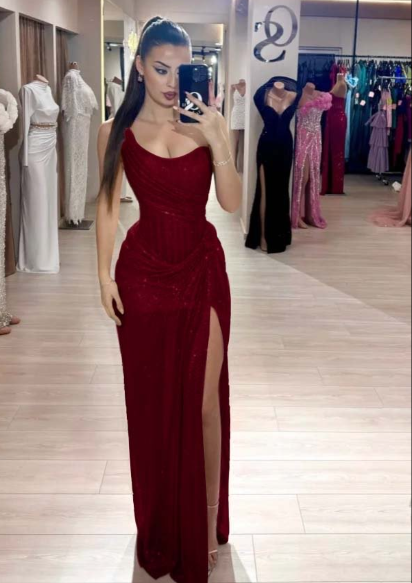 Long Classy Prom Gown Mermaid Strapless Pink Sequins Long Prom Dress Inspiration Party Senior Dance Slit Prom Dresses RB1144