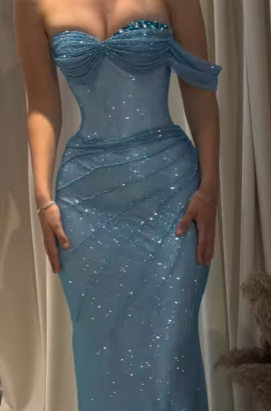 Shiny Mermaid Sweetheart Sequins Sleeveless Blue Beads Long Prom Dresses Inspo Prom Gown RB1375