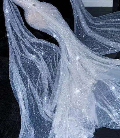 Dreamy Mermaid Long Sleeves Sequin White Fitted Wedding Dress Shiny Bridal Gowns Wedding Dresses DH2902