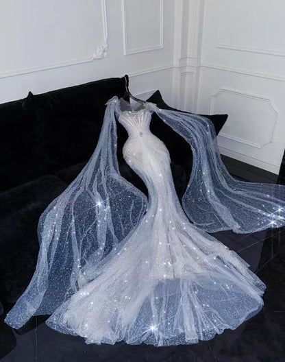 Dreamy Mermaid Long Sleeves Sequin White Fitted Wedding Dress Shiny Bridal Gowns Wedding Dresses DH2902