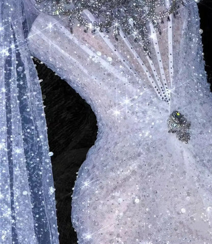 Dreamy Mermaid Long Sleeves Sequin White Fitted Wedding Dress Shiny Bridal Gowns Wedding Dresses DH2902