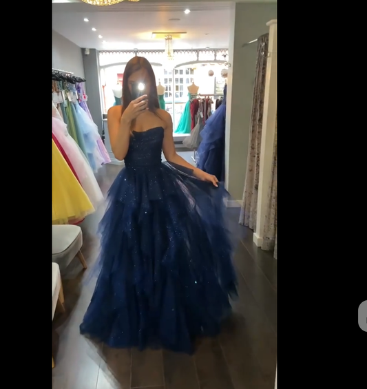 Modest Ball Gown Strapless Navy Blue Tulle Corset Princess Prom Dresses Evening Gown AB150