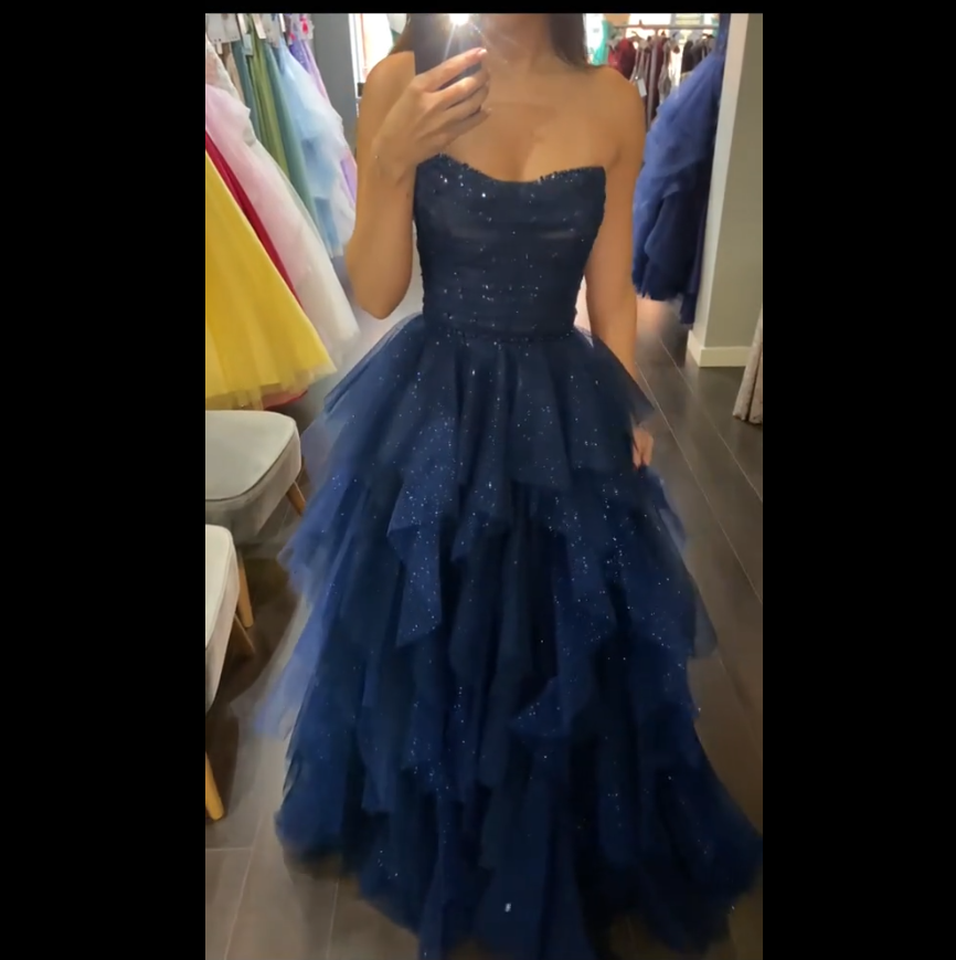 Modest Ball Gown Strapless Navy Blue Tulle Corset Princess Prom Dresses Evening Gown AB150