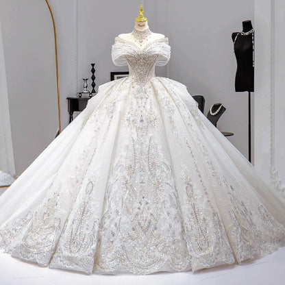 Modest Ball Gown Off The Shoulder Short Sleeves Fitted Tulle Corset Wedding Dress Long Bridal Gown Wedding Dresses DH2909
